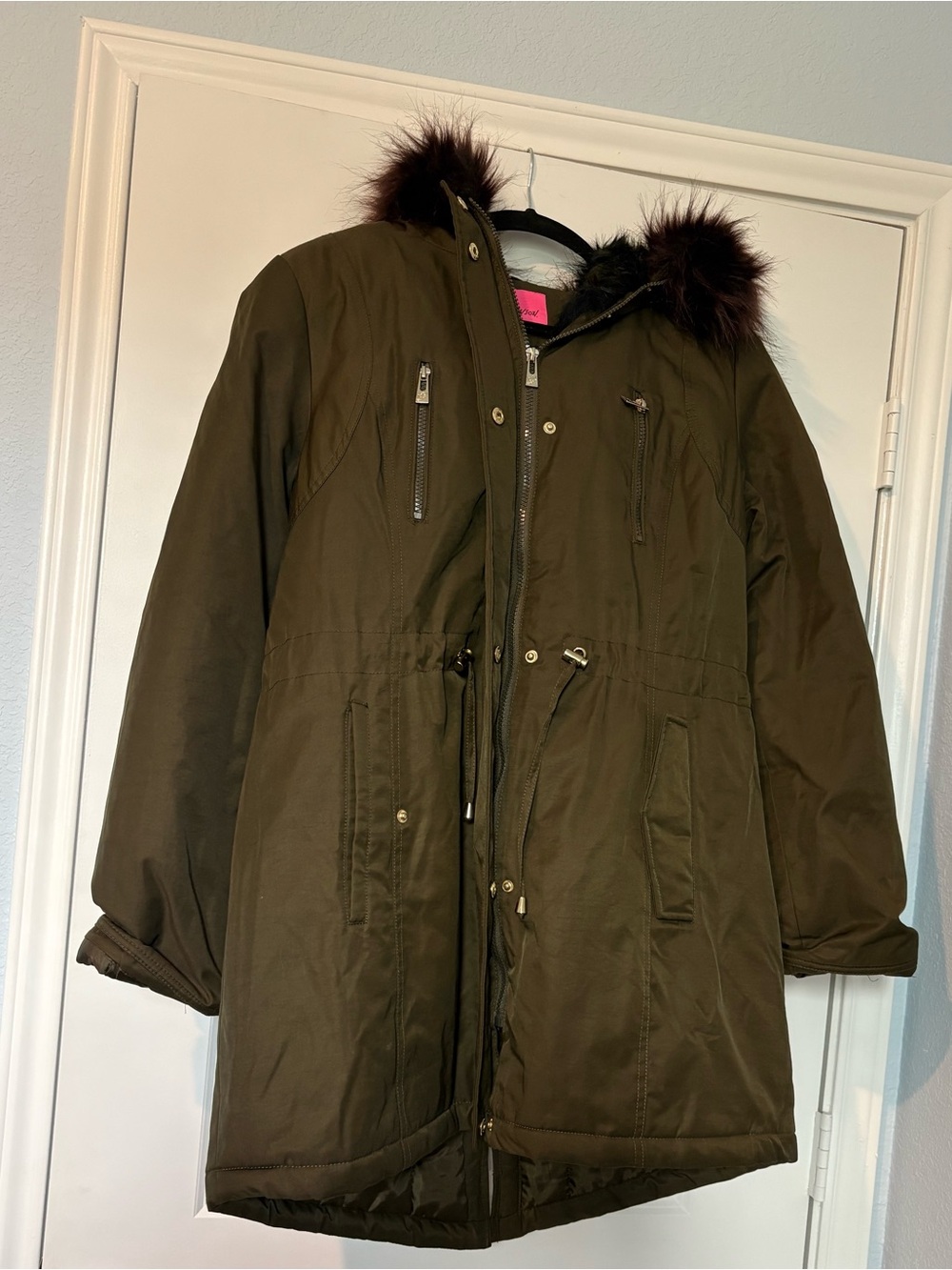 Betsey Johnson Olive Green Parka Coat with Faux Fur Trim